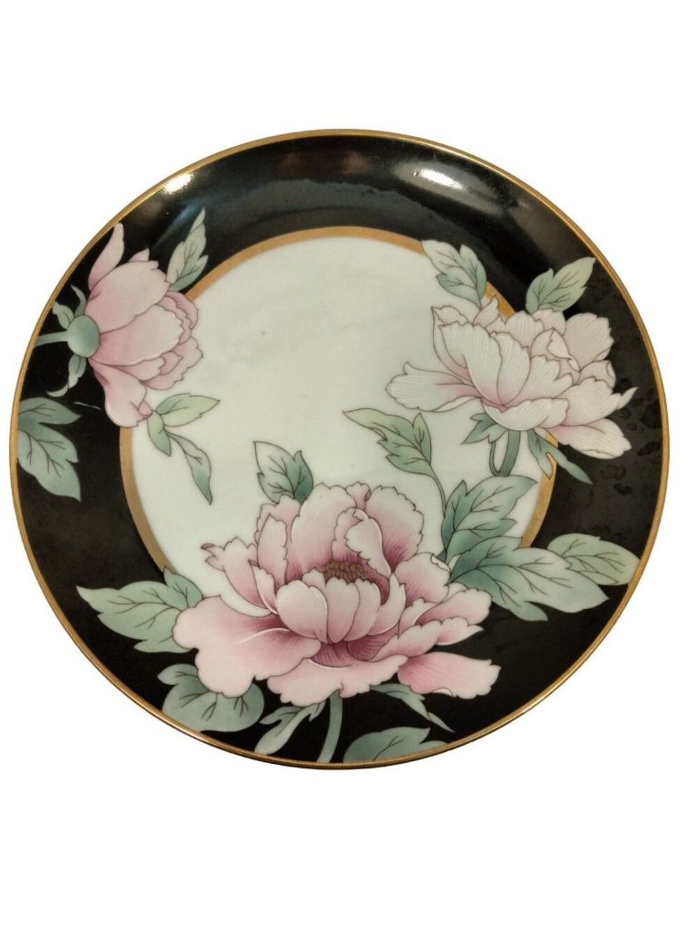 Tuxedo Junction Peony Plate Black Gold Pink Epoch Japan 7 inch